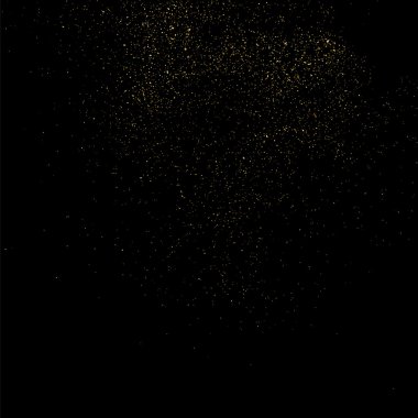 Siyah arka planda altın rengi parıltı dokusu. Altın konfeti patlaması. Siyah arkaplandaki altın taneli soyut doku. Tasarım elemanı. Vektör illüstrasyonuName.