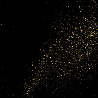 Siyah arka planda altın rengi parıltı dokusu. Altın konfeti patlaması. Siyah arkaplandaki altın taneli soyut doku. Tasarım elemanı. Vektör illüstrasyonuName.
