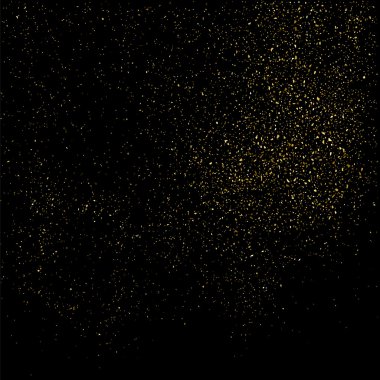 Siyah arka planda altın rengi parıltı dokusu. Altın konfeti patlaması. Siyah arkaplandaki altın taneli soyut doku. Tasarım elemanı. Vektör illüstrasyonuName.