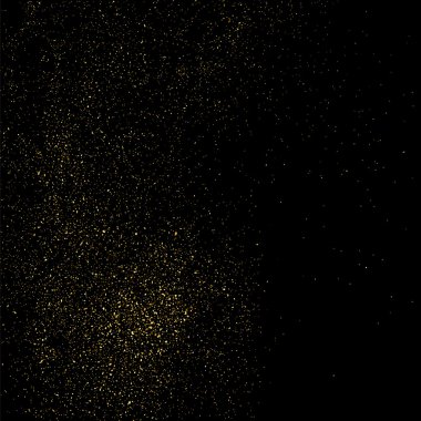 Siyah arka planda altın rengi parıltı dokusu. Altın konfeti patlaması. Siyah arkaplandaki altın taneli soyut doku. Tasarım elemanı. Vektör illüstrasyonuName.