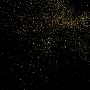 Siyah arka planda altın rengi parıltı dokusu. Altın konfeti patlaması. Siyah arkaplandaki altın taneli soyut doku. Tasarım elemanı. Vektör illüstrasyonuName.