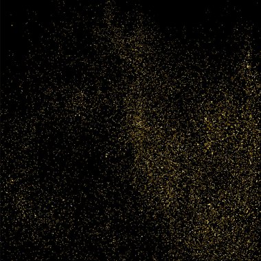Siyah arka planda altın rengi parıltı dokusu. Altın konfeti patlaması. Siyah arkaplandaki altın taneli soyut doku. Tasarım elemanı. Vektör illüstrasyonuName.