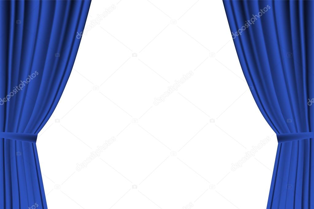 Blue curtain opened on  white background.