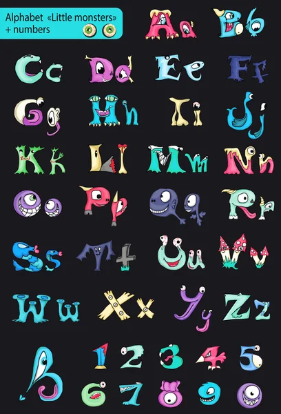 Alfabeto romano com números. pequenos monstros multi-coloridos . — Vetor de Stock