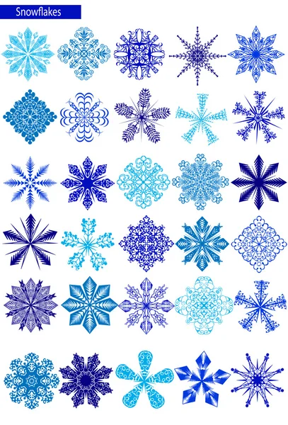 Copos de nieve azules sobre un fondo blanco. — Vector de stock