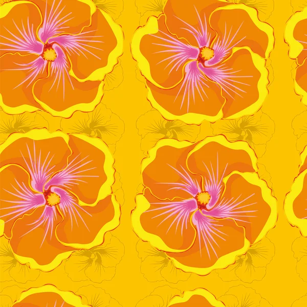 Seamless yellow background with orange hibiscus flowers. — Stock Vector