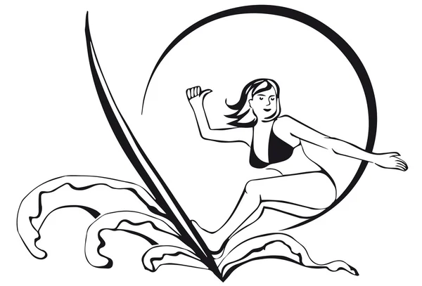 Silhouet van een surfer. meisje met sun.thumbs van. — Stockvector