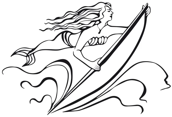Sjöjungfrun med en surfbräda. siluett av kvinna. — Stock vektor