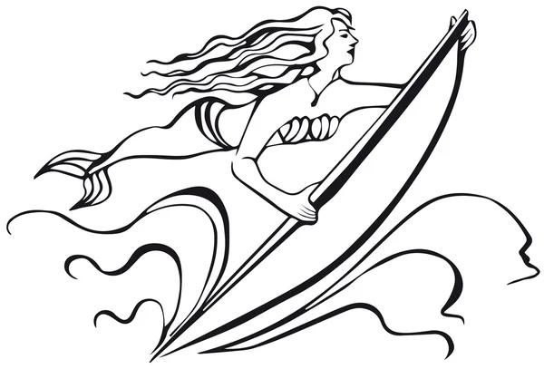 Bir surfboard ile deniz kızı. kadın silüeti.