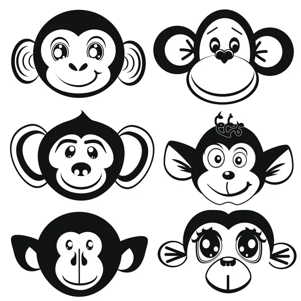 Drôle différemment singe. Visage de singes. Silhouettes — Image vectorielle