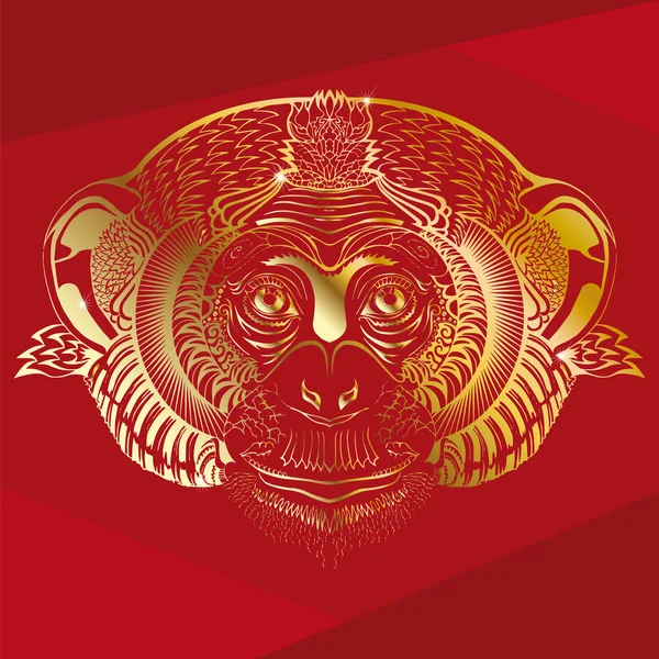 Head of monkey.Golden silhouette on a red background. — Stock Vector
