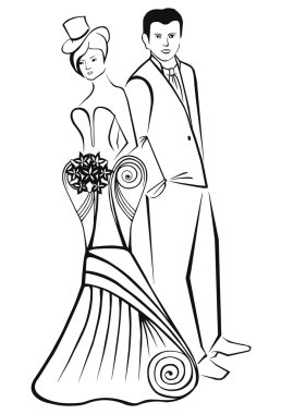 Yeni evliler. Silindir şapkalı şık elbiseli kadın.