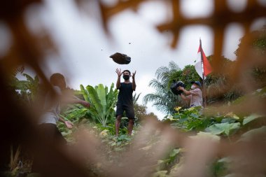BALI, INDONESIA-SEPT 6 2020: Çok sayıda insan zarar görmüş bambu ön planı ile plastik atıkları temizlemek için birlikte çalışıyordu
