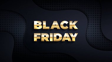 Kara Cuma soyut satış afişi. Tasarımınız için altın metnin vektör çizimi, dalgalı şekiller ve koyu arkaplan üzerine yarım ton deseni