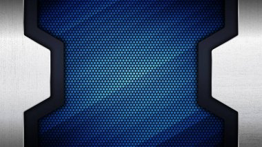 Soyut paslanmaz metal panelin vektör çizimi grunge ile metalik dokuyu ve mavi ışık arkaplanı üzerinde altıgen ızgara deseni kaplar