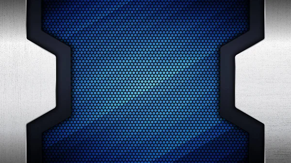 グランジオーバーレイ金属質感とあなたのデザインのための青の光の背景に六角形のグリッドパターンを持つ抽象的なステンレススチール金属パネルのベクトルイラスト — ストックベクタ