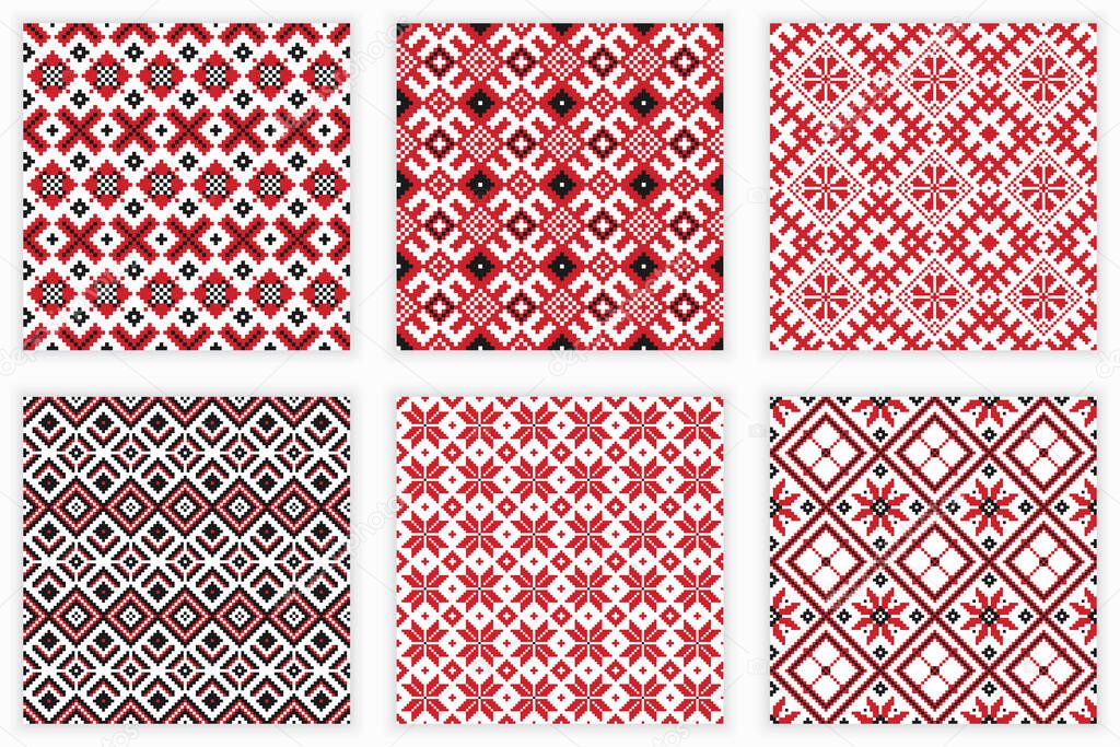 Slavic geometric ornament. Vector illustration of traditional folk embroidery seamless patterns set for your design