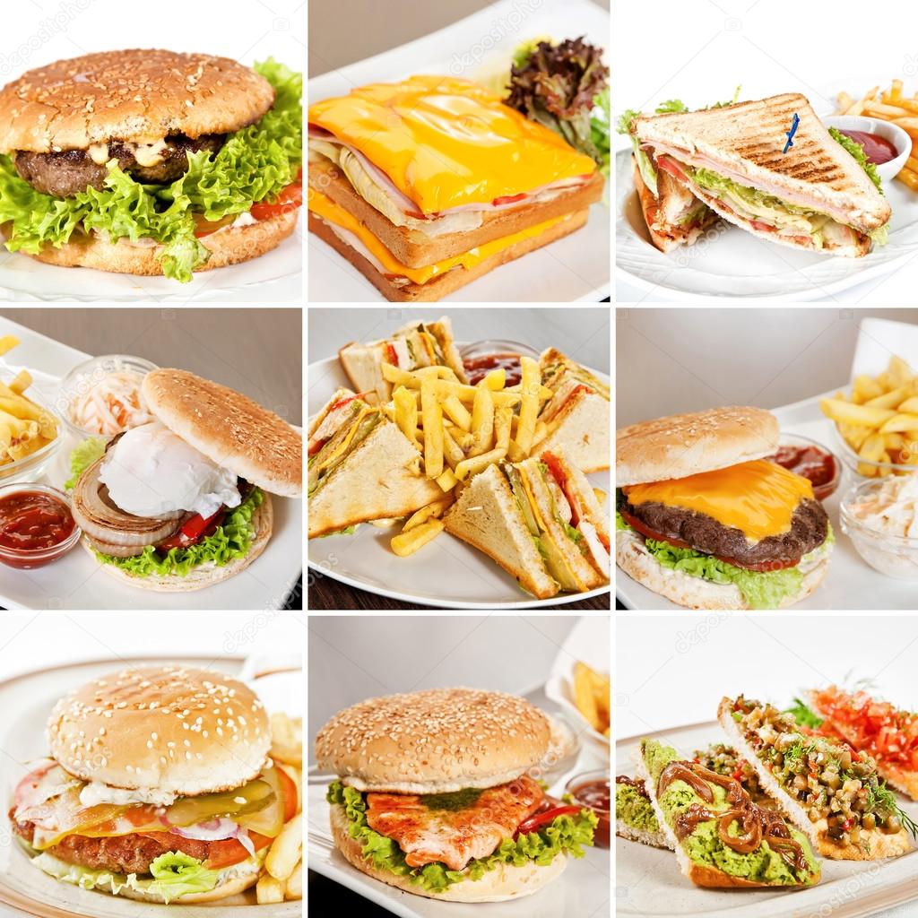 Burgers and sandwiches collage