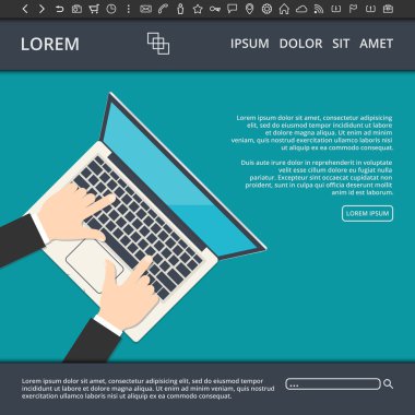 Onun laptop web afiş üzerinde çalışan iş adamı