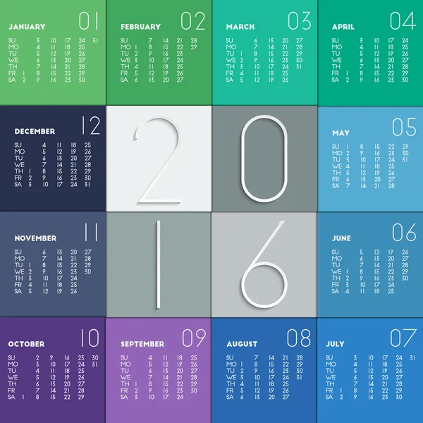 2016 calendar in flat colors — Stock Vector