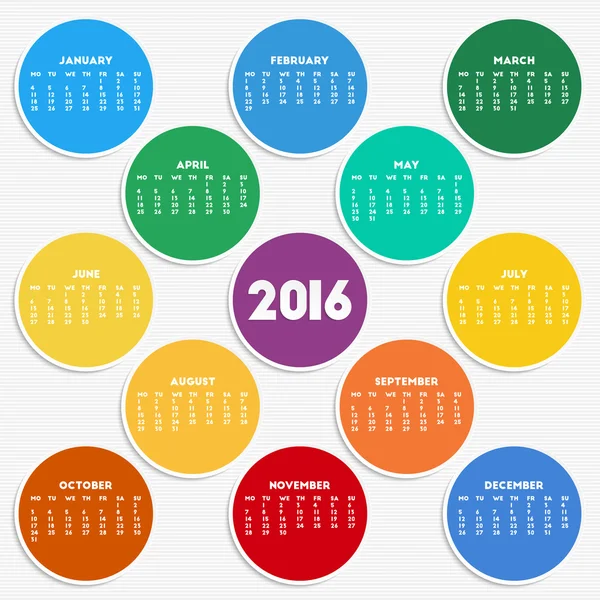 Calendrier 2016 en couleurs saisonnières — Image vectorielle