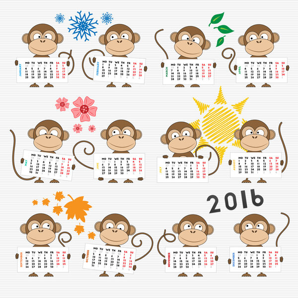 Calendar 2016 with cute monkeys