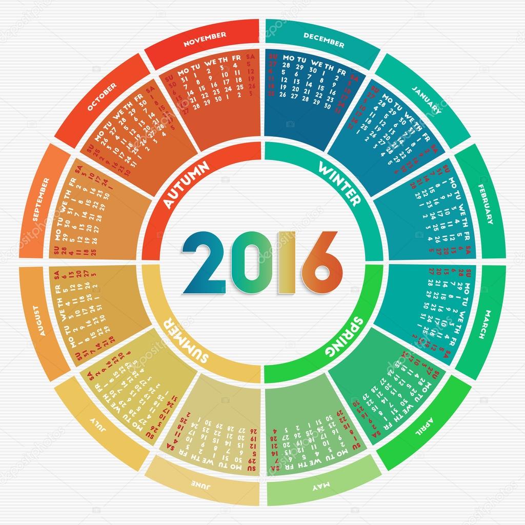 Colorful round calendar 2016