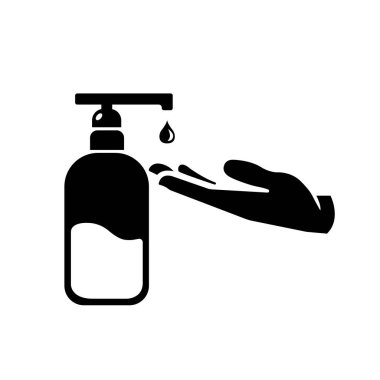 Eller Dezenfekte Edici Siyah Simge, Vektör İllüzyonu, Beyaz Arkaplan Etiketinde İzole Edilmiş. EPS10 