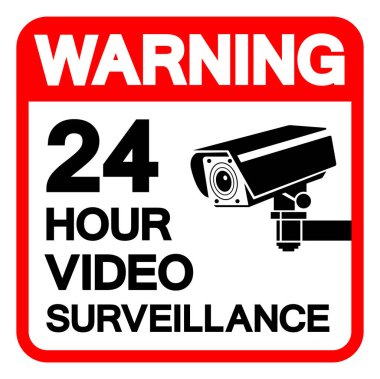 Uyarı: 24 Saat Video İzleme Sembol İşareti, Vektör İllüstrasyonu, Beyaz Arkaplan Etiketinde İzole Edilme. EPS10 