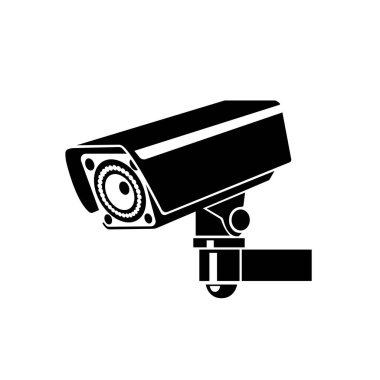 Uyarı CCTV Siyah Simge, Vektör İllüzyonu, Beyaz Arkaplan Etiketinde İzole Edin. EPS10 