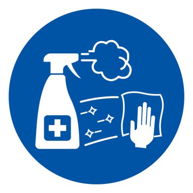 Dezenfekte Edilmiş İş Yüzeyi ve Düzenli Taban Sembolü İşareti Üzerine Ekipman, Vektör İllüzyonu, Beyaz Arkaplan Etiketinde İzole Edilmiş. EPS10