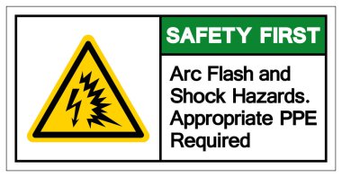 İlk Güvenlik Arc Flash ve Şok Tehlikesi. Uygun PPE Gerekli Sembol İşareti, Vektör İllüstrasyonu, Beyaz Arkaplan Etiketinde İzolasyon. EPS10 