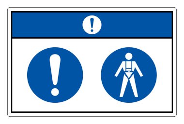 Dikkat, tam güvenlik koşum takımı gerektiren sembol işareti, vektör ilülasyonu, beyaz arka plan etiketinde izole edilmiş. EPS10