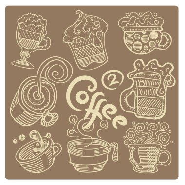 El yapımı kahve seti. Çeşitli bardaklarda kahve içiyorlar. 