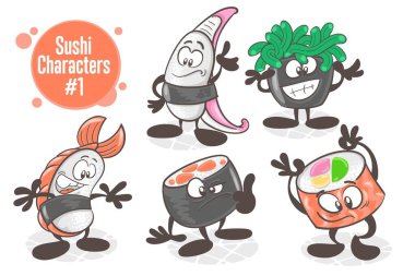 Suşi. Bir dizi komik çizgi film karakteri. Asya mutfağı. Vektör illüstrasyonu beyaz arkaplanda izole edildi