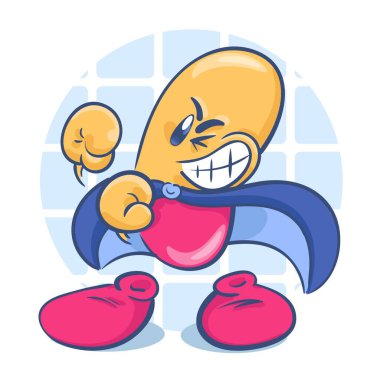 Sevimli çizgi film karakteri hapı. Süper kahraman. Vektör illüstrasyonu beyaz arkaplanda izole edildi