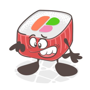 Suşi. Komik bir çizgi film karakteri. Asya mutfağı. Vektör illüstrasyonu beyaz arkaplanda izole edildi