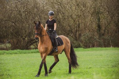 Kahverengi atıyla siyah giyinmiş kadın binici ağaçlarla dolu yeşil bir çayırda at sürüyor.