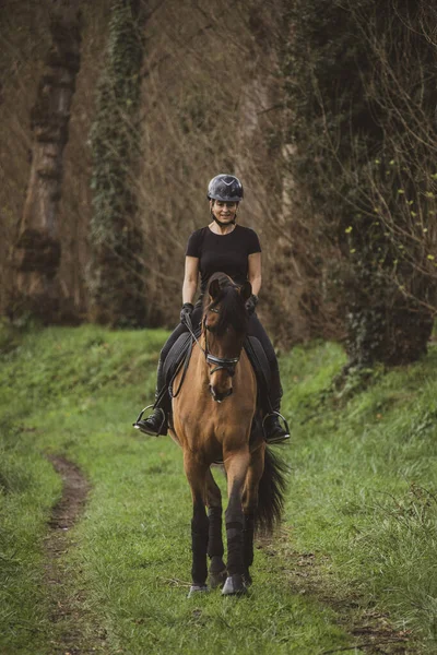 Женщина Всадница Одетая Черное Коричневой Лошадью Едет Проселочной Дороге — стоковое фото