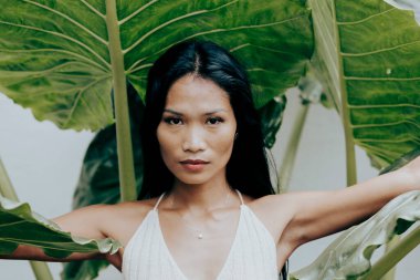 Doğrudan bakış ve merkezli kompozisyon minimalist bir tropikal zeminde gücü ve doğal bağlantıyı vurgular