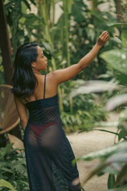 Sıcak gün batımı ışığında okyanusun kenarındaki bir sandığa yaslanan zarif kadın kendine güvenini, kadınlığını ve rahat bir ada yolculuğu yaşam tarzını ifade ediyor..