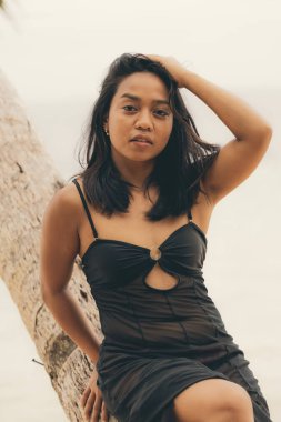 Sıcak gün batımı ışığında okyanusun kenarındaki bir sandığa yaslanan zarif kadın kendine güvenini, kadınlığını ve rahat bir ada yolculuğu yaşam tarzını ifade ediyor..