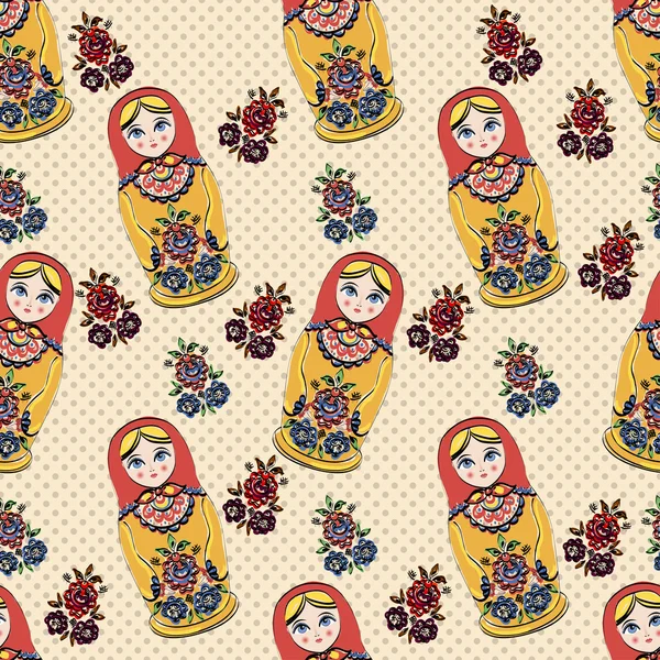 Vektor nahtlose klassische Folklore-Muster russischer Puppen und Blumen. — Stockvektor