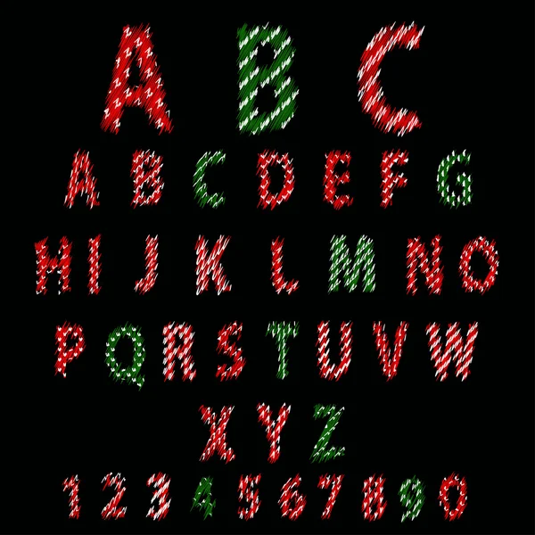 Pünktchen-Alphabet. rotes Alphabet-Design in weißen Tupfen auf schwarzem Hintergrund — Stockvektor