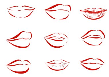 Açık renkli dudaklarından izole kırmızı kadın kümesi. Vektör çizim.