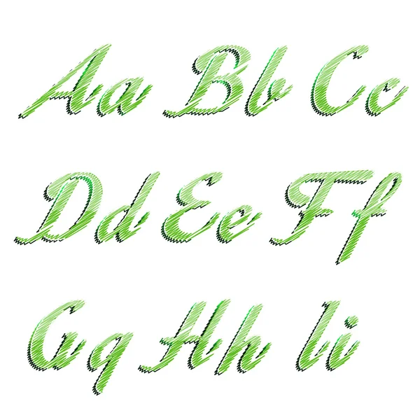 Glossy green alphabet with stripes on white background. illustration. — Stock Photo, Image