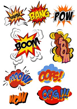 Retro karikatür patlama pop art comic küme. Vektör