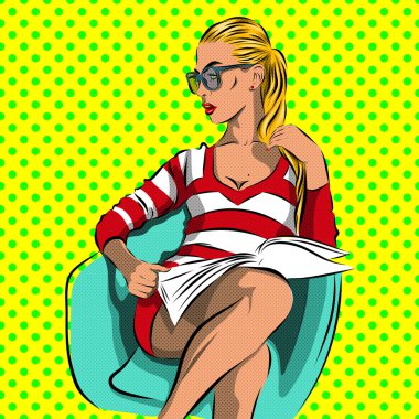 Pop Art kadın güneş gözlüğü - lekeli arka plan ile. Vektör