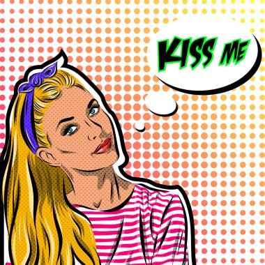 Pop Art kadın - lekeli arka plan üzerinde. Vektör