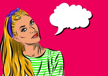 Pop Art kadın - lekeli arka plan üzerinde. Vektör